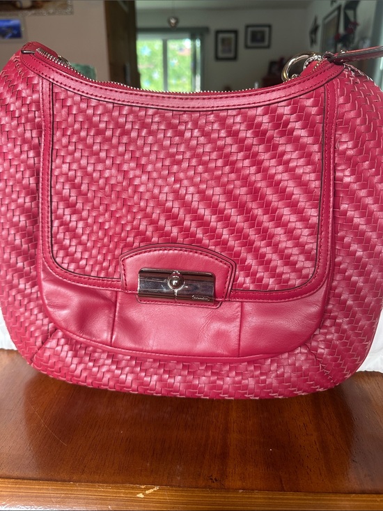 Coach Handbags - Coach Woven Leather Shoulder Bag in Raspberry